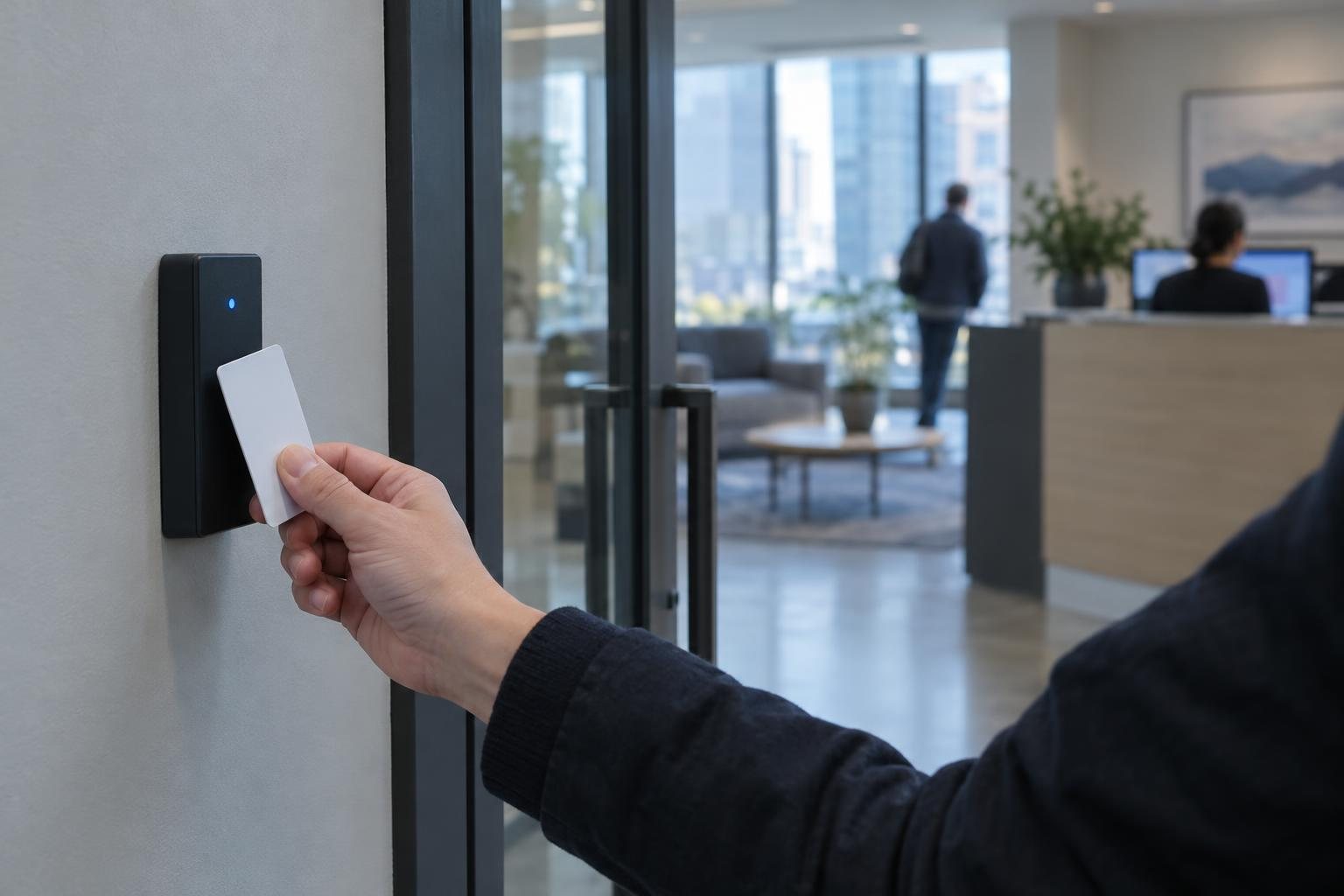 A key card held to a reader beside a glass office door