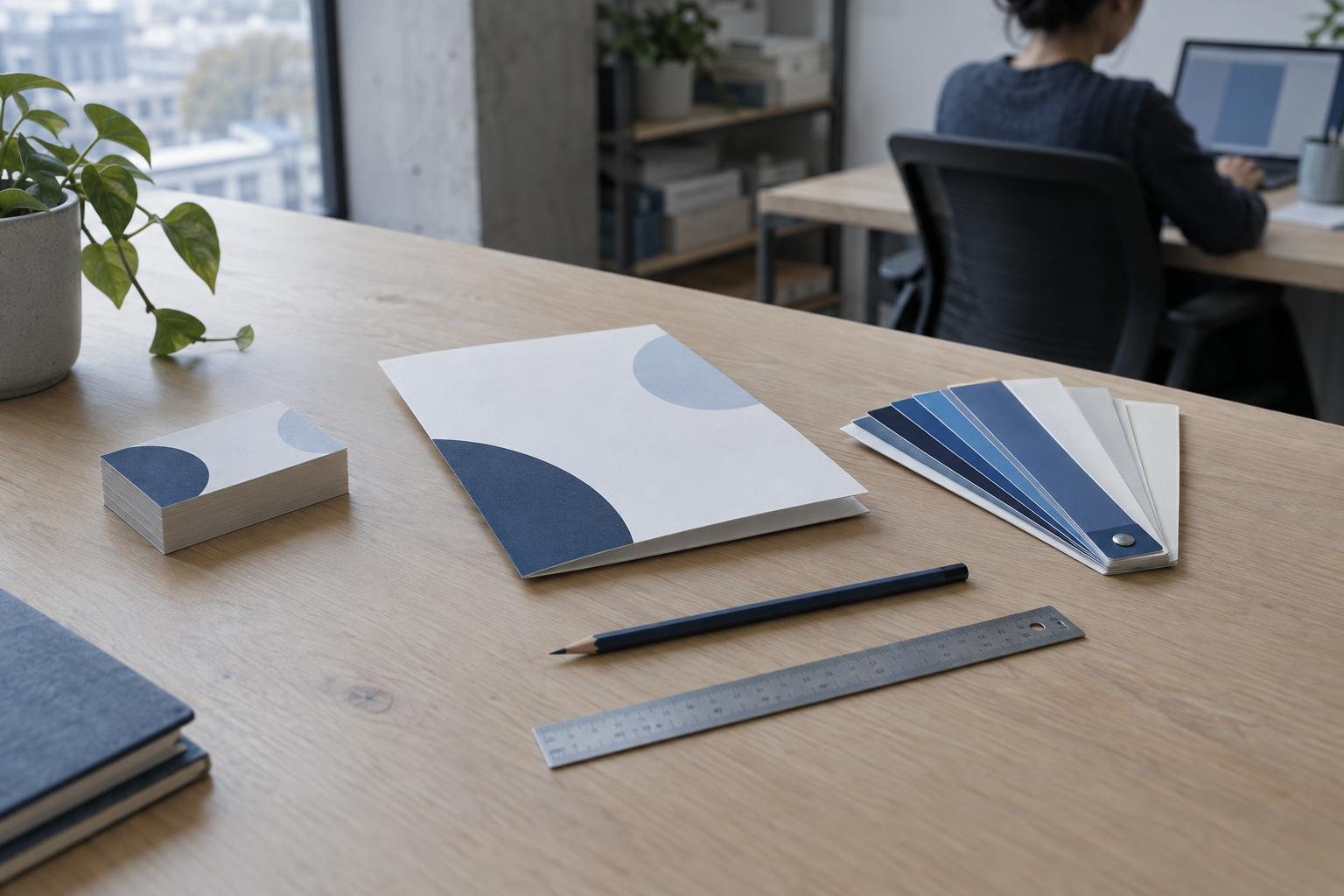 Printed cards, a letterhead and a colour swatch fan laid out on a studio desk