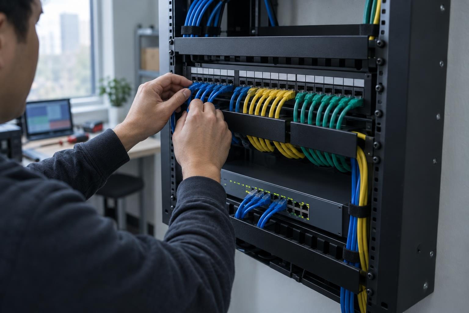 Patch leads terminated into a patch panel in a wall-mounted rack