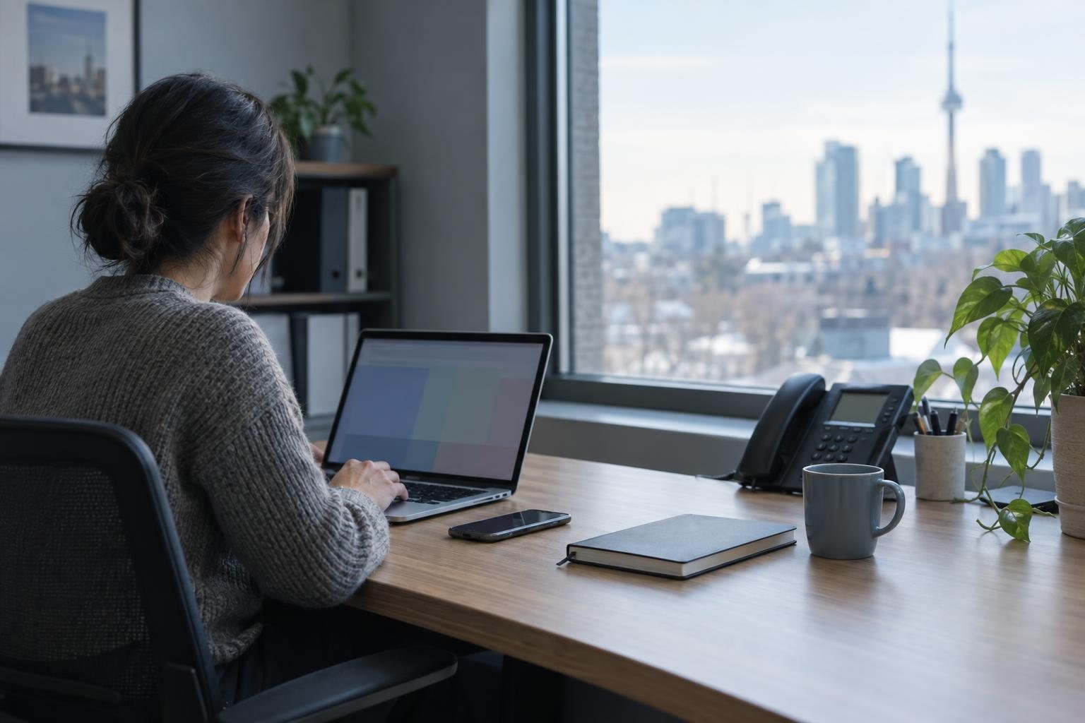 A desk with an open laptop, a business telephone and a notebook