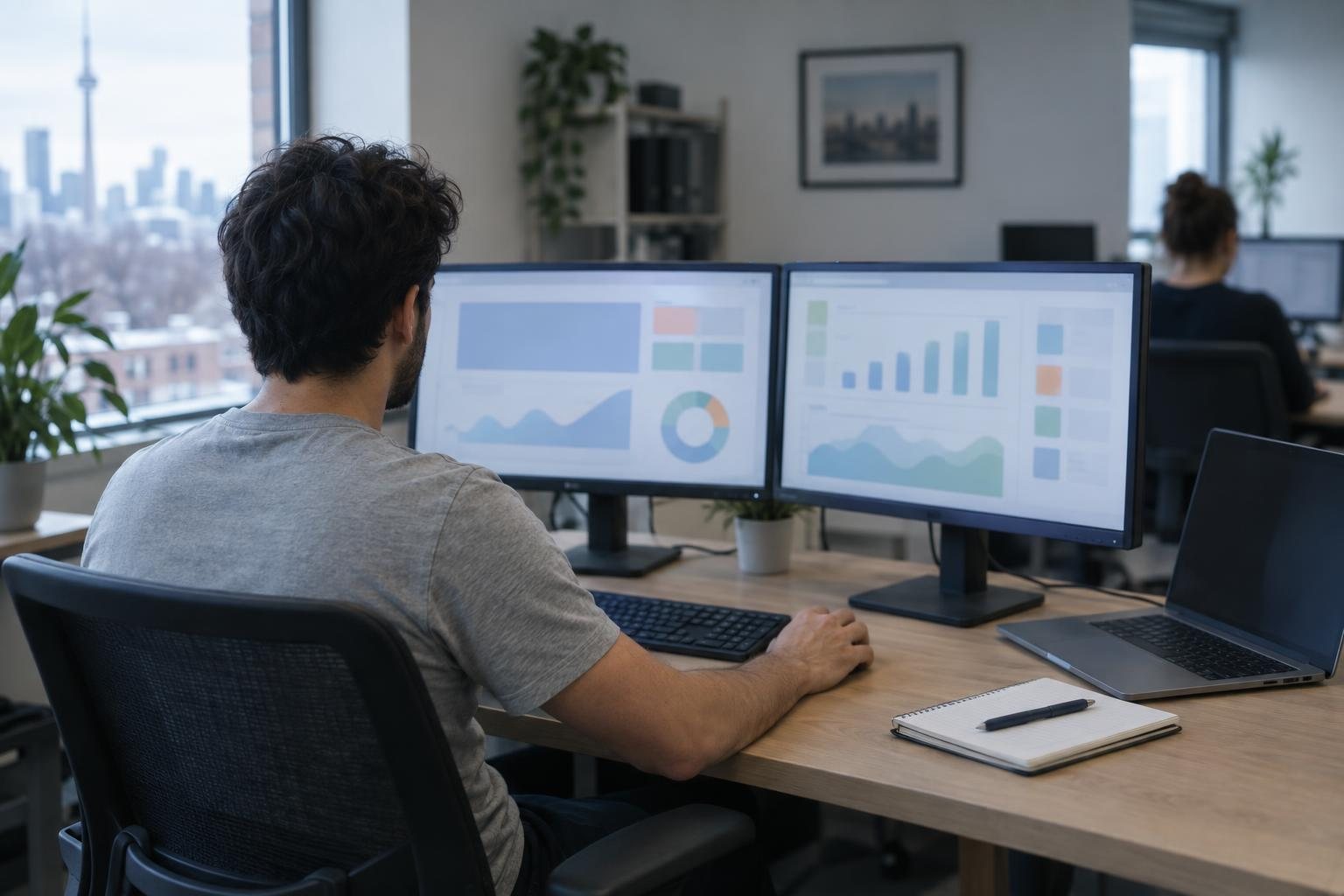 A technician at two monitors showing system dashboards