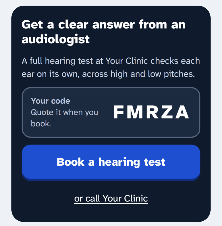 The end of the result screen: a dark card with a five-letter code, a Book a hearing test button and a call link