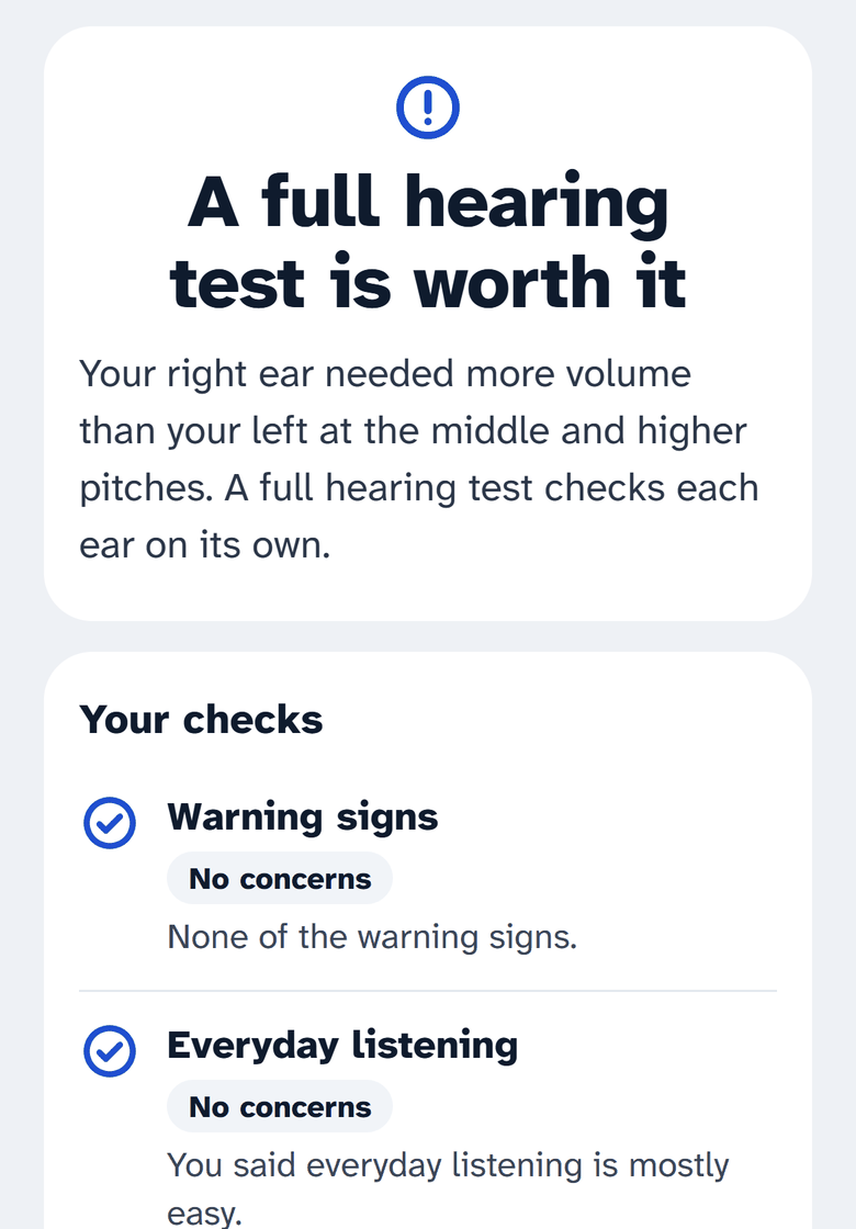 The top of the result screen on a phone: “A full hearing test is worth it”, then the list of checks the visitor took